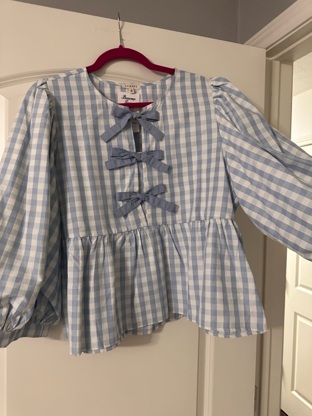 JODIFL Light Blue & White Gingham Bow-Front Peplum Top